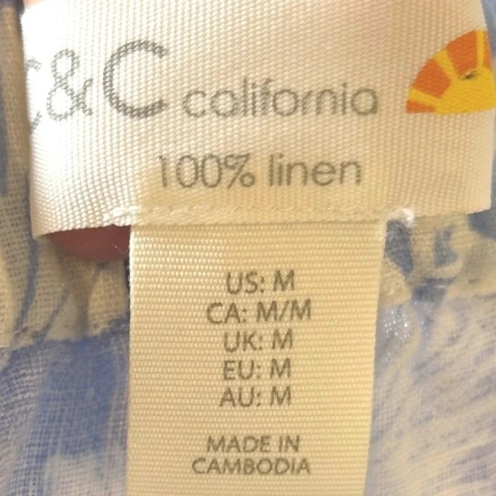 C&C California Coastal Cottagecore‎ Blue White Floral 100% Linen Midi Skirt M